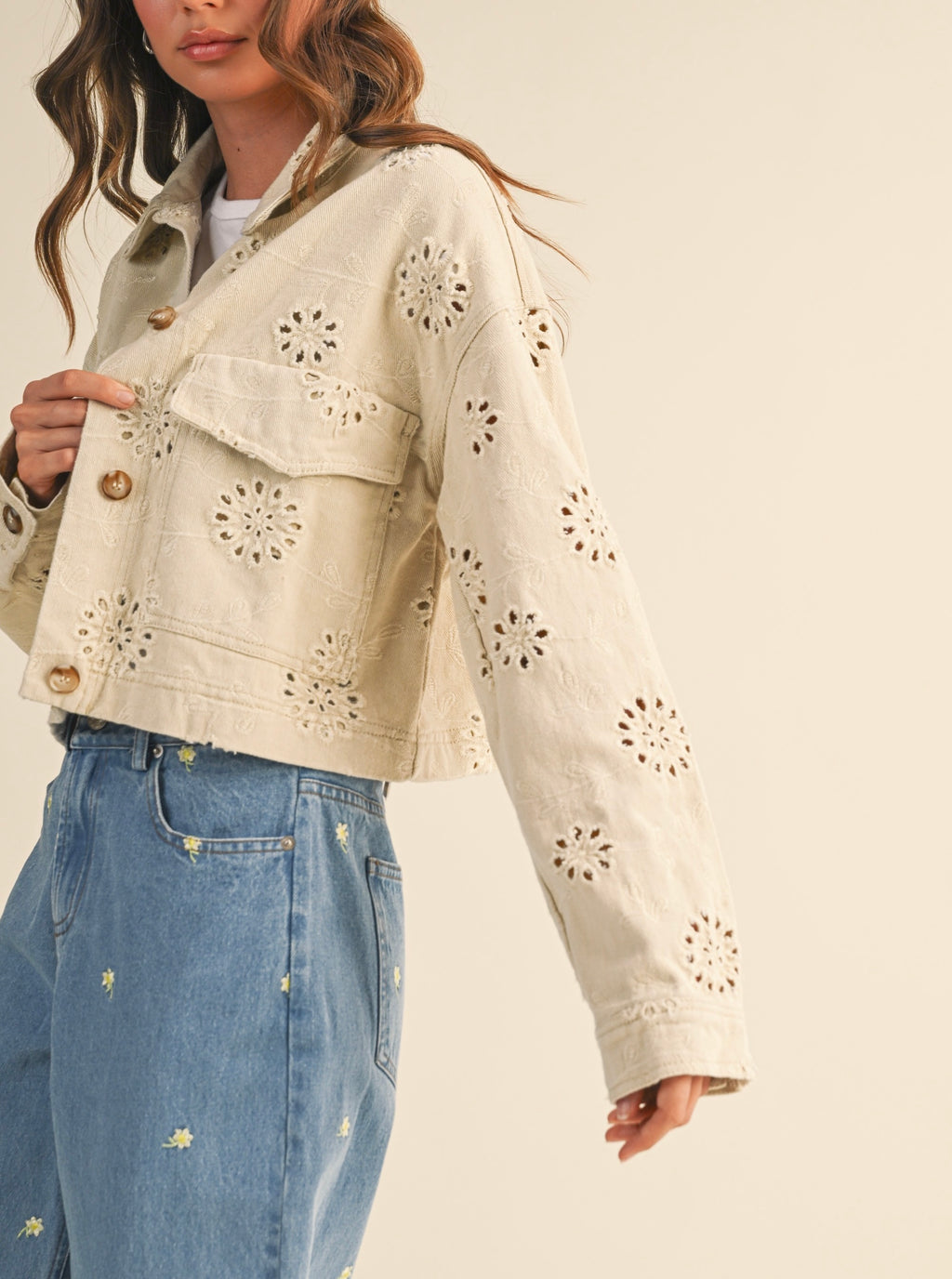 Cropped Eyelet Jean Jacket