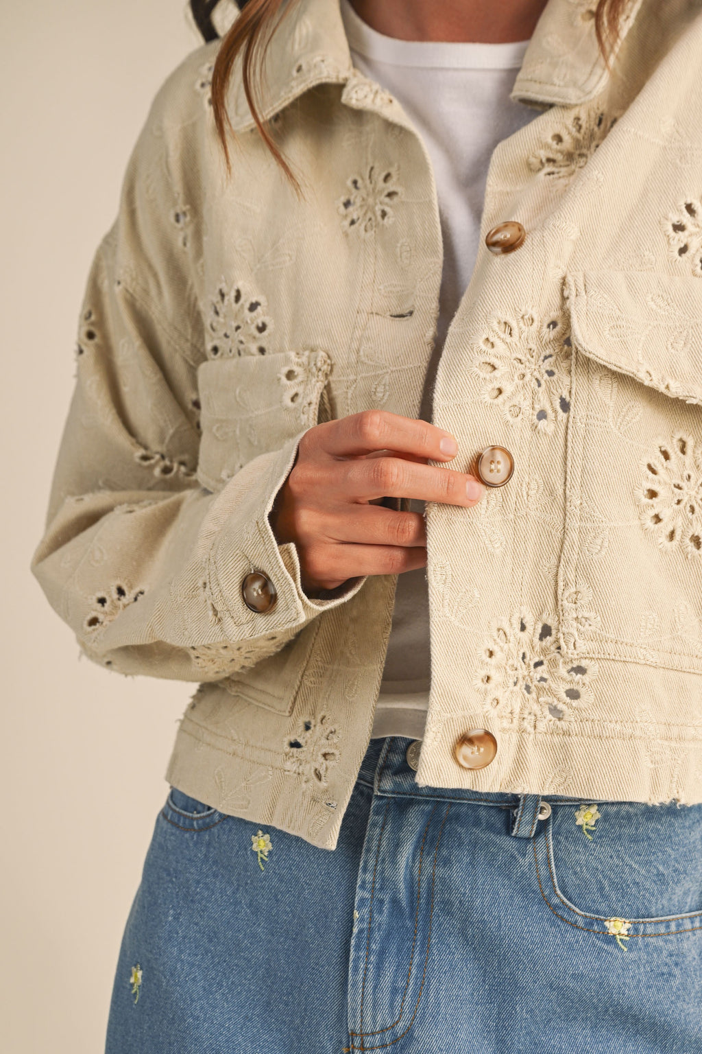 Cropped Eyelet Jean Jacket